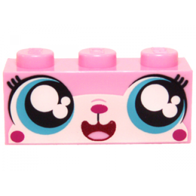bright pink brick 1 x 3 with cat face wide eyes smiling cutesykitty pattern