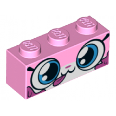 bright pink brick 1 x 3 with cat face wide eyes closed mouth with tongue sticking out dark pink splotches pattern dessert unikitty