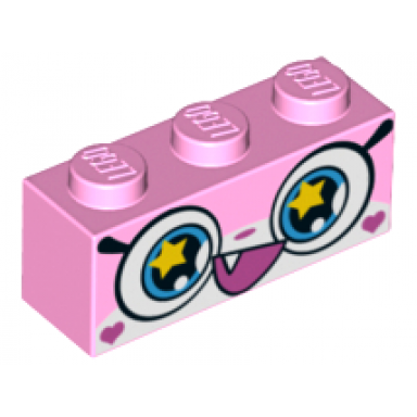 bright pink brick 1 x 3 with cat face wide eyes with yellow stars and smiling open mouth with one tooth pattern rainbow unikitty