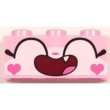 bright pink brick 1 x 3 with cat face wide closed eyes smiling open mouth with one tooth and hearts on cheeks pattern