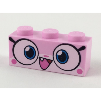 bright pink brick 1 x 3 with cat face wide eyes and smiling open mouth with one tooth pattern