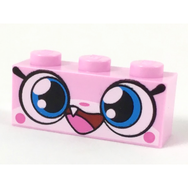 bright pink brick 1 x 3 with cat face wide eyes and smiling wide open mouth with one tooth pattern