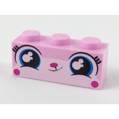 bright pink brick 1 x 3 with cat face wide eyes small lopsided grin pattern