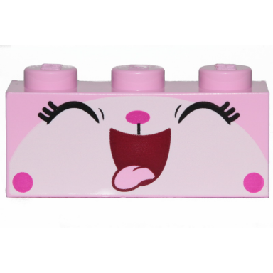 bright pink brick 1 x 3 with kitty cat face wide open mouth smile with tongue out pattern