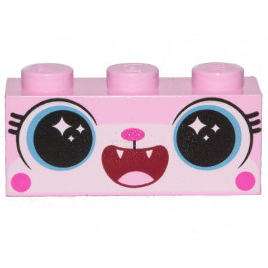 bright pink brick 1 x 3 with cat face open mouth smile showing tongue and teeth pattern disco kitty