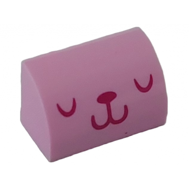 bright pink slope curved 1 x 2 with cat face with magenta closed eyes nose and mouth pattern