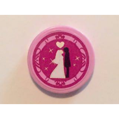 bright pink tile round 2 x 2 with bride and groom and silver heart on magenta background pattern sticker - set 41058