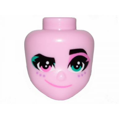 bright pink mini doll head friends with left eye turquoise right eye pink raised left eyebrow freckles and crooked smile pattern sweet mayhem