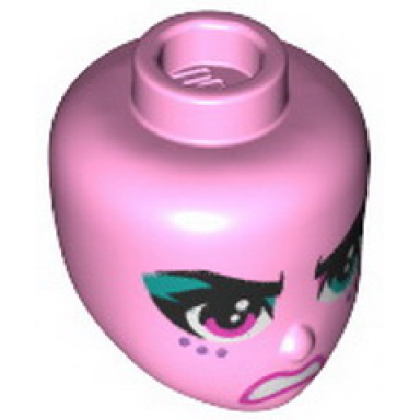 bright pink mini doll head friends with left eye turquoise right eye pink freckles and angry pattern sweet mayhem
