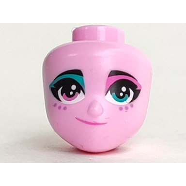 bright pink mini doll head friends with black eyebrows dark turquoise left eye dark pink right eye eye shadow dots and lopsided grin pattern