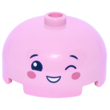 bright pink brick round 3 x 3 x 1 1 3 dome top - open stud with face with dark blue eyebrows and eyes winking eye left dark pink cheeks open mouth smile with teeth pattern