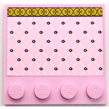 bright pink tile modified 4 x 4 with studs on edge with bedspread with white diamonds black buttons and gold hem with scrollwork pattern sticker - set 43206