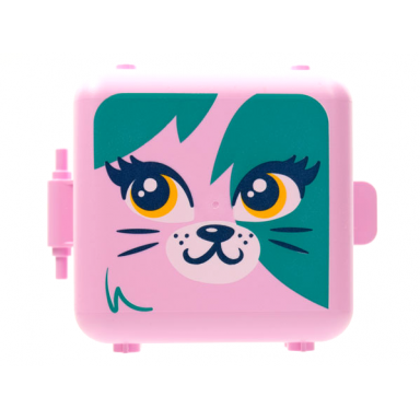 bright pink container box 3 x 8 x 6 2 3 half front with cat face with dark turquoise splotches pattern