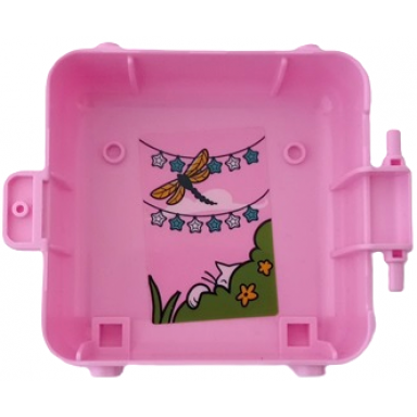 bright pink container box 3 x 8 x 6 2 3 half front with cat face with dark turquoise splotches and dragonfly string of white and dark azure stars white cat hiding behind lime bushes and flowers pattern sticker - set 41665