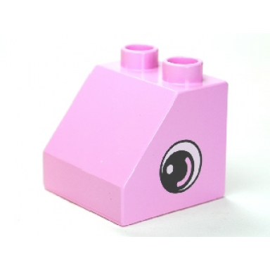 bright pink duplo brick 2 x 2 x 1 1 2 slope 45 with circled black eye with arc and white pupil pattern on both sides
