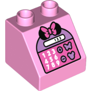 bright pink duplo brick 2 x 2 x 1 1 2 slope 45 with calculator with minnie mouse ears and bow pattern