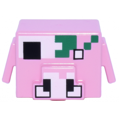 bright pink minifigure head modified cube with ear flaps and snout with pixelated white eye tusks and skull black eye socket and nostrils green decaying flesh pattern minecraft zombified piglin