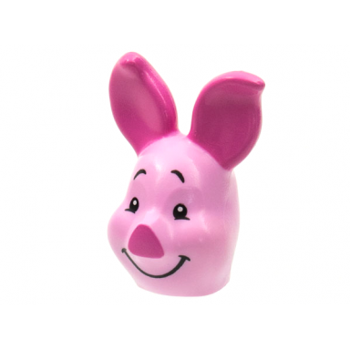 bright pink minifigure head modified pig short snout with dark pink ears and nose black eyebrows eyes and smile pattern piglet