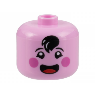 bright pink minifigure head modified giant black eyebrows and hair tuft dark pink circles on cheeks open mouth smile with red tongue pattern - vented stud