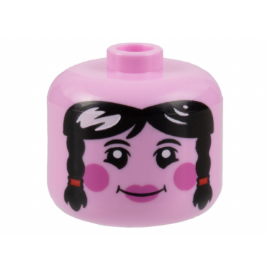 bright pink minifigure head modified giant female black eyebrows and hair with braids dark pink circles on cheeks and lips grin pattern - vented stud