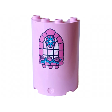 cylinder half 2 x 4 x 5 with 1 x 2 cutout with dark pink bricks and flowers dark azure leaves and star and black window frame pattern