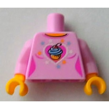 bright pink torso female top with cupcake over heart and stars pattern bright pink arms yellow hands