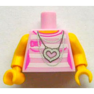 bright pink torso female outline shirt with white stripes silver chains and heart necklace without back print pattern yellow arms yellow hands
