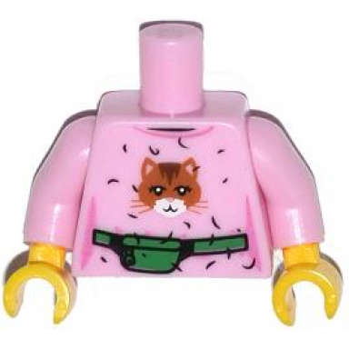 bright pink torso female top with cat head hair and green money belt pattern bright pink arms yellow hands