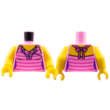 bright pink torso female top with dark pink stripes and flower necklace pattern yellow arms yellow hands
