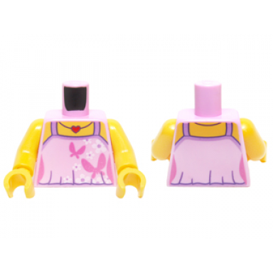 bright pink torso female outline top with dark pink butterflies white flowers and red heart necklace with side contours pattern yellow arms yellow hands