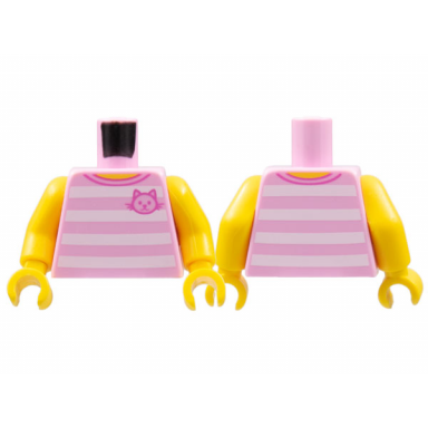 bright pink torso t-shirt with 4 white horizontal stripes front and back with cat pattern yellow arms yellow hands