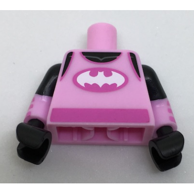 bright pink torso tank top over black shirt white batman logo dark pink sash pattern bright pink arms with dark pink stripes pattern black hands