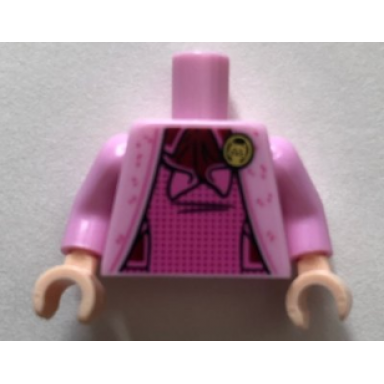 bright pink torso harry potter jacket over dark pink vest with gold cat brooch pattern bright pink arms light nougat hands