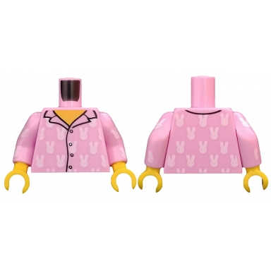 bright pink torso pajamas 4 buttons and white rabbits pattern bright pink arms with white rabbits pattern yellow hands