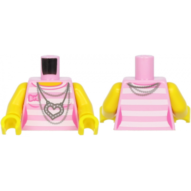 bright pink torso female outline shirt with white stripes silver chains and heart necklace pattern yellow arms yellow hands