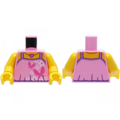 bright pink torso top with dark pink butterflies heart necklace and white flowers pattern yellow arms yellow hands