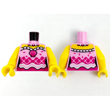 bright pink torso female yellow shoulders pearl necklace magenta shell and white sprinkles and trim pattern yellow arms yellow hands