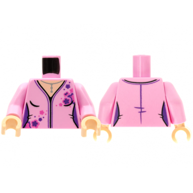 bright pink torso female v-neck silver necklace dark pink and dark purple flowers pattern bright pink arms light nougat hands