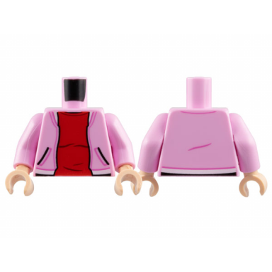 bright pink torso jacket open with pockets and white waistband over red shirt pattern bright pink arms light nougat hands