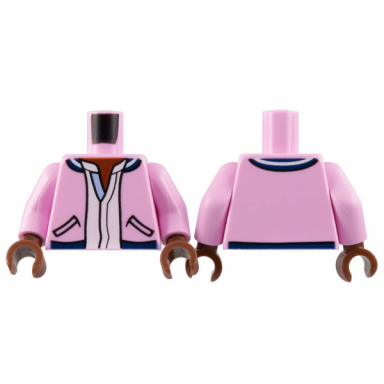 bright pink torso jacket reddish brown neck black pockets and white shirt pattern bright pink arms reddish brown hands