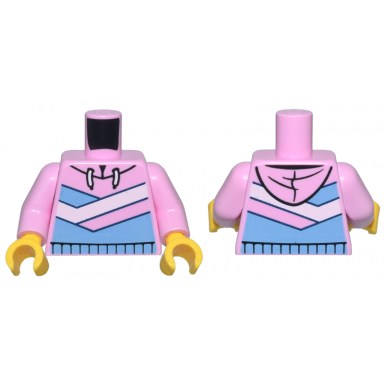 bright pink torso hoodie with medium blue and white diagonal stripes pattern bright pink arms yellow hands