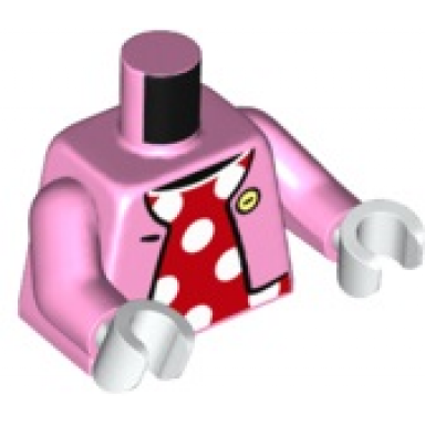 bright pink torso open jacket with button over red dress with white polka dots pattern bright pink arms white hands