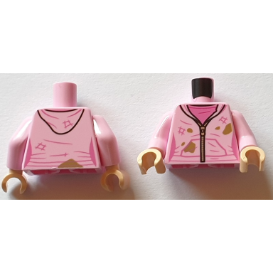 bright pink torso female jacket with hood and silver zipper over dark pink shirt dark tan dirt stains pattern bright pink arms light nougat hands