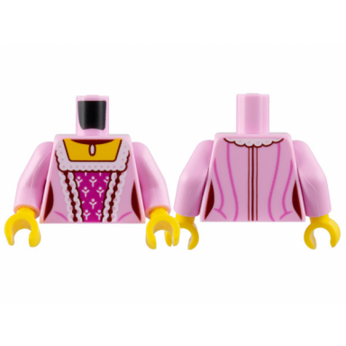 bright pink torso female dress yellow neck white and dark red laces dark pink stripes magenta center panel pattern bright pink arms yellow hands
