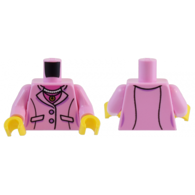 bright pink torso female suit jacket over dark pink shirt white pearl necklace and gold pendant pattern bright pink arms yellow hands