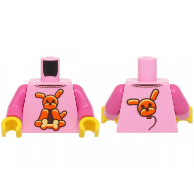 bright pink torso shirt with orange bright light yellow and dark brown balloon dog with bone dog head on back pattern bam dark pink arms yellow hands