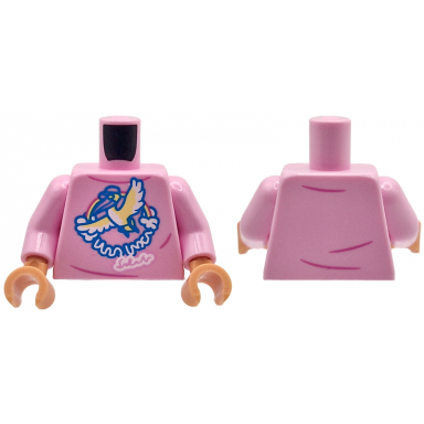 bright pink torso female shirt with blue yellow and white bird rainbow and writing dark pink creases pattern bright pink arms nougat hands