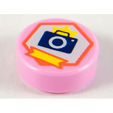 bright pink tile round 1 x 1 with dark blue camera yellow flash and ribbon on white hexagon with coral outline pattern