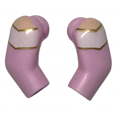 bright pink arm matching left and right pair with light nougat shoulders and white straps with gold outline pattern