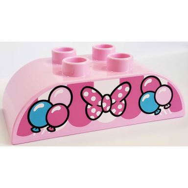 bright pink duplo brick 2 x 4 slope curved double with dark pink medium azure and white awning balloons and bow with polka dots pattern